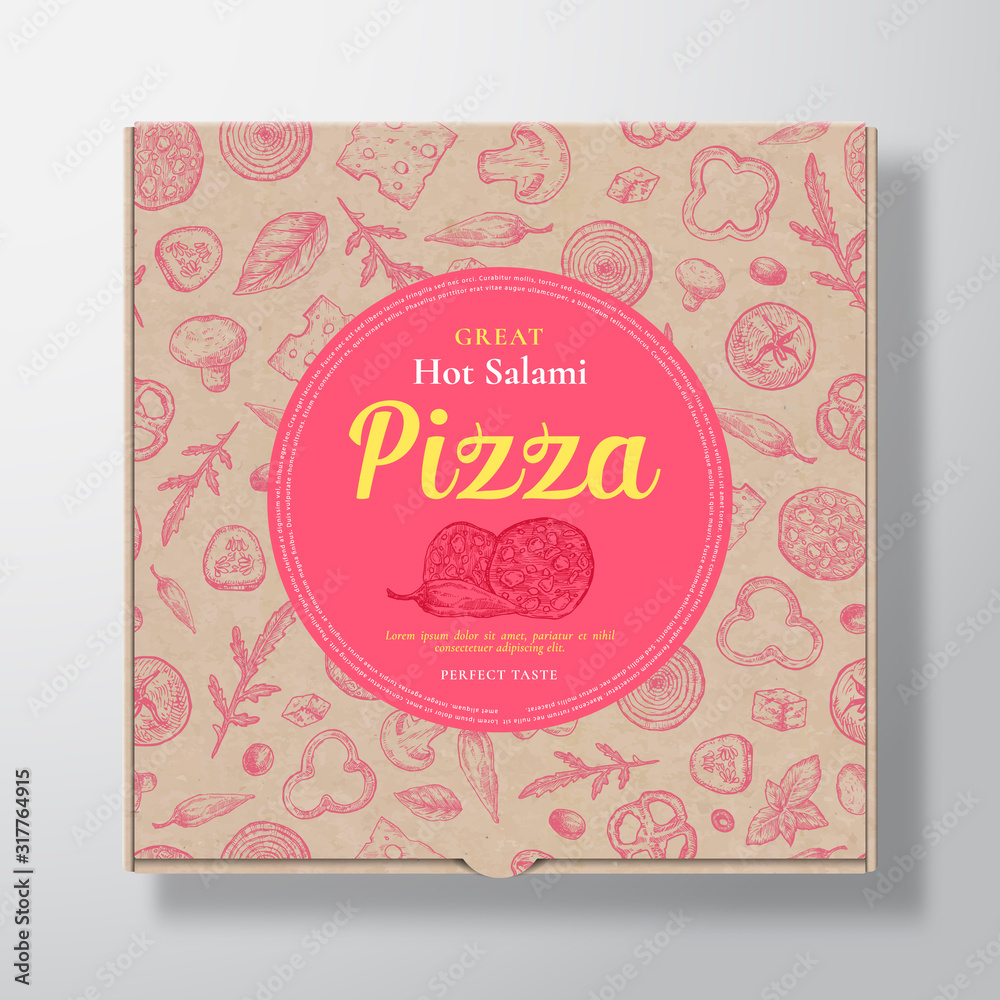 Hot Salami Pizza Realistic Cardboard Box. Abstract Vector Packaging Design or Label. Modern Typography, Sketch Seamless Pattern of Cheese, Tomato, Sausages. Craft Paper Background Layout.