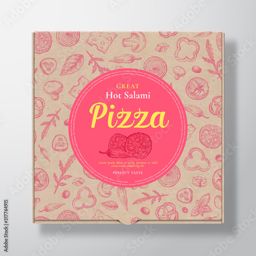 Hot Salami Pizza Realistic Cardboard Box. Abstract Vector Packaging Design or Label. Modern Typography, Sketch Seamless Pattern of Cheese, Tomato, Sausages. Craft Paper Background Layout.