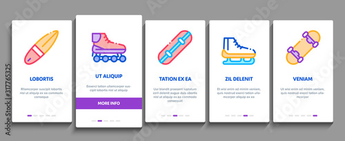 Extreme Sport Activity Onboarding Mobile App Page Screen Vector. Bike And Crash Helmet, Parachute And Hang-glider Equipment For Extreme Active Concept Linear Pictograms. Color Contour Illustrations