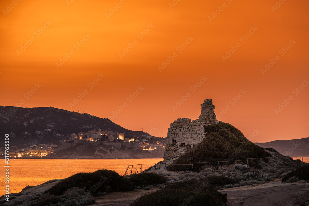 Sunset behind citadel of Calvi in Corsica