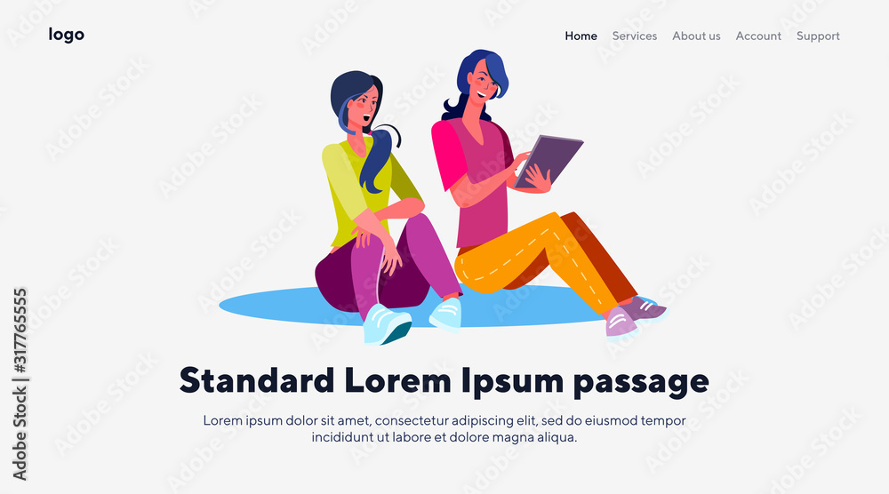 Female friends using together. Two women in casual sitting on floor, chatting flat vector illustration. Communication, internet concept for banner, website design or landing web page Female friends using together. Two women in casual sitting on floor, chatting flat vector illustration. Communication, internet concept for banner, website design or landing web page