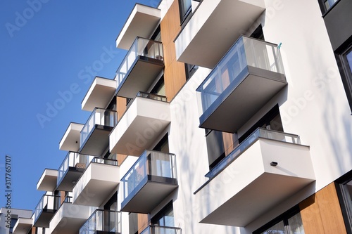 Modern and new apartment building. Multistoried, modern, new and stylish living block of flats.