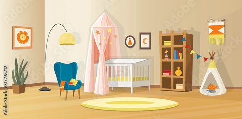 Cozy kids interior with toys, cradle, bookcase, armchair, kids tent and lamp. Scandinavian vector interior in cartoon style.