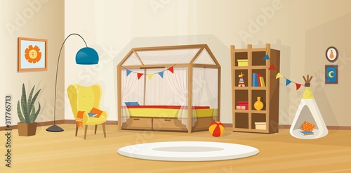 Cozy kids interior with toys, bed, bookcase, armchair, kids tent and lamp. Scandinavian vector interior in cartoon style.