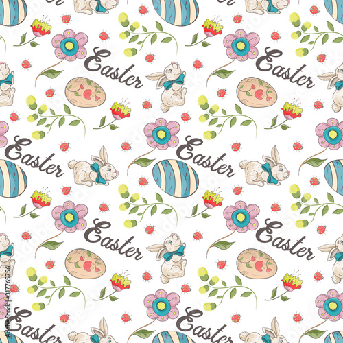 Easter 3 holiday seamless illustration pattern color drawings depicting holiday attributes and greetings inscription in the style of Doodle for design design background is isolated