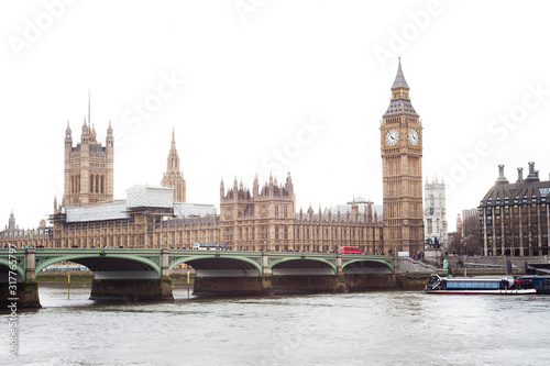 Big Ben and House of Parliament. Night scene in London city isolated on white background. United Kingdom