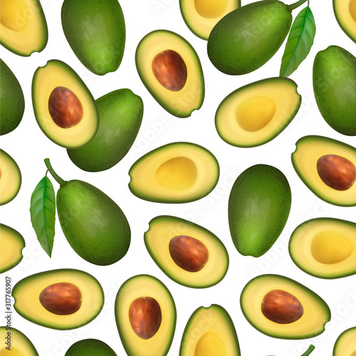 Realistic avocado pattern. Tropical fruit. 3d illustration whole avocado and sectional view