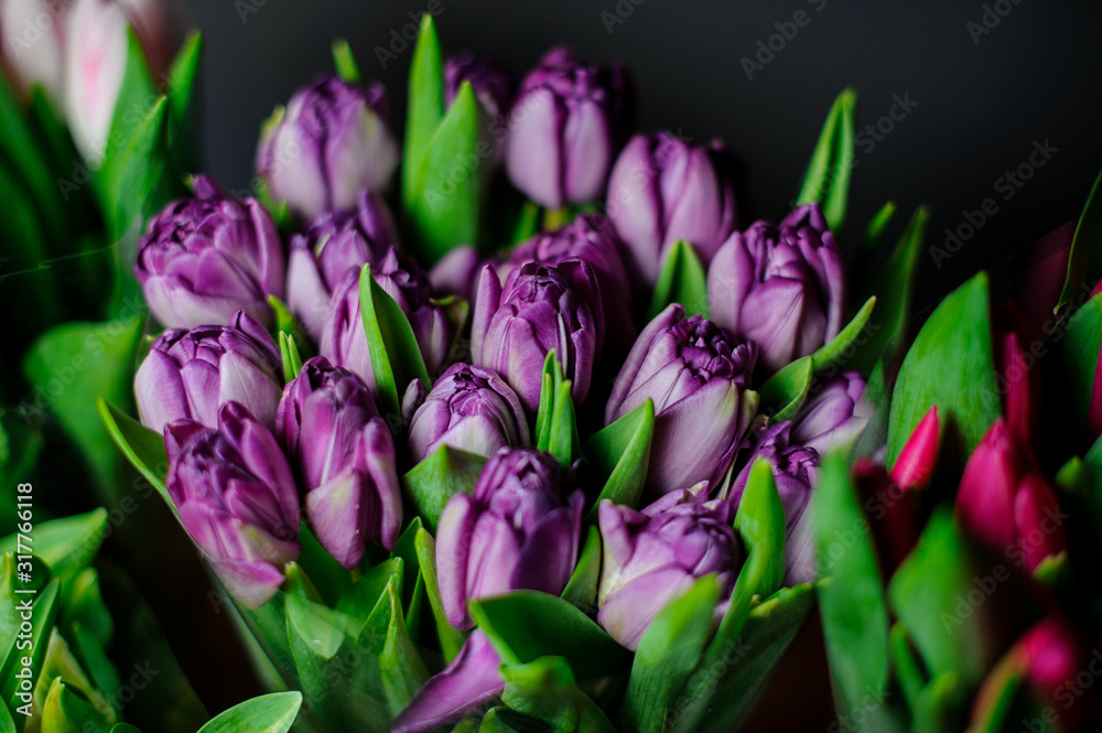 Beautiful bouquet of purple tulips with a green leaves Beautiful bouquet of purple tulips with a green leaves
