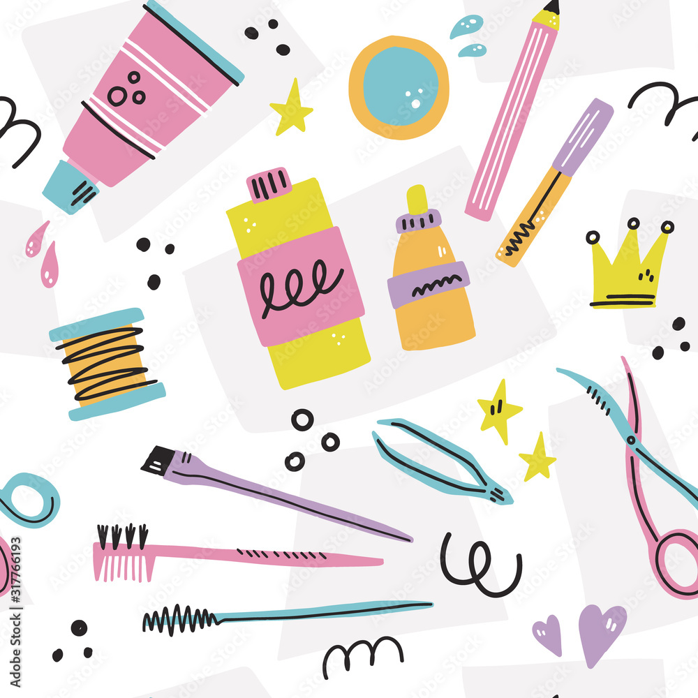 Seamless pattern with different eyebrow tools. HAnd drawn vector illustration for brow bar design.