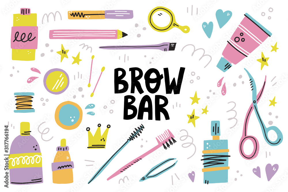 Set of different eyebrow tools. Tweezers, dye, brush, gel and bottels hand drawn illustration. Brow bar lettering. Collection for brow studio design. Set of different eyebrow tools. Tweezers, dye, brush, gel and bottels hand drawn illustration. Brow bar lettering. Collection for brow studio design.