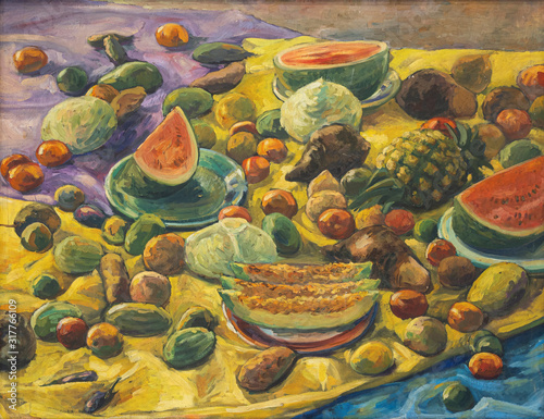 Obraz na plátne Oil color painting of fruit and vegetable on canvas.