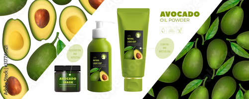 Design avocado cosmetics product advertising for catalog, magazine. Mock up of cosmetic package. Moisturizing cream, gel, milk body lotion with avocado oil.