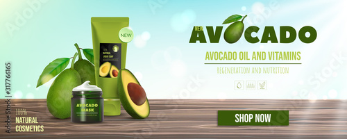 Design avocado cosmetics product advertising for catalog, magazine. Mock up of cosmetic package. Moisturizing cream, gel, milk body lotion with avocado oil.