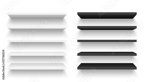 Fototapeta Naklejka Na Ścianę i Meble -  Realistic black and white wall shelf collection on checkered background. Empty store rack. Vector illustration.