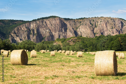 Germany, Rhineland-Palatinate, Bad Munster am Stein-Ebernburg, hay bales in front of the Rotenfels