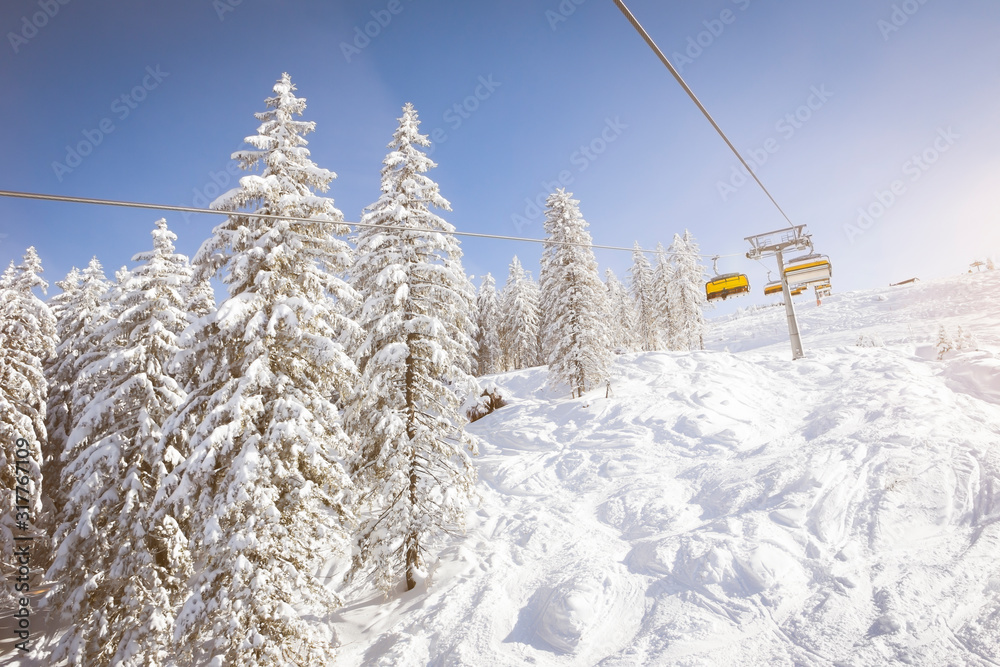 Austria, Salzburg State, Region Hochkoenig in winter, ski lift Austria, Salzburg State, Region Hochkoenig in winter, ski lift