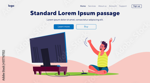 Teenage boy playing video games. Happy guy celebrating win at TV console flat vector illustration. Teenager, leisure, addiction concept for banner, website design or landing web page