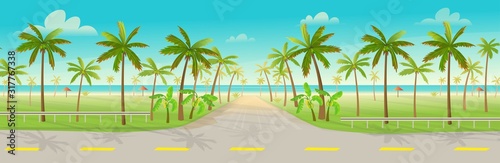 Road over the tropical island with palm trees.Vector illustration of tropical island in cartoon style. Background for games and mobile applications. 