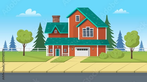 Facade building, suburban house with garage and green lawn. Vector cartoon illustration for games or animation. Layered background. 