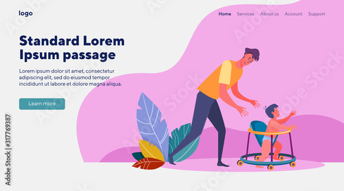 Dad looking after little son. Young man, toddler, father. Flat vector illustrations. Child care, parenthood, upbringing concept for banner, website design or landing web page