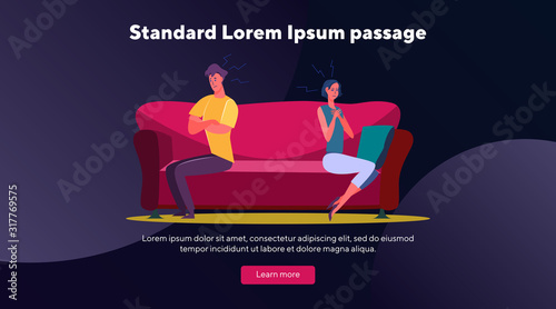 Unhappy couple in conflict. Sad man and woman sitting on couch separately flat vector illustration. Quarrel, breakup, trouble concept for banner, website design or landing web page