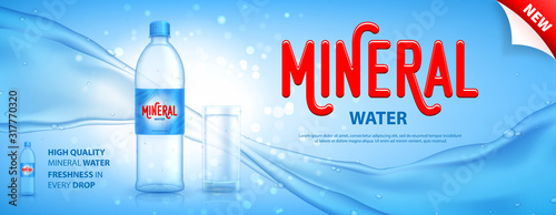 Mineral water promo banner. Realistic plastic bottle with water current and drops. Vector illustration with 3d transparent glass on blue background. Mockup template for promotion of beverages.