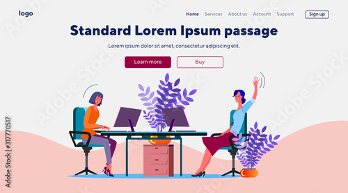 Female colleagues chatting at workplaces. Women working at computer in office flat vector illustration. Corporate communication, coworkers concept for banner, website design or landing web page
