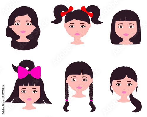  Set of vector female heads with different hairstyle haircuts braids bow girl character