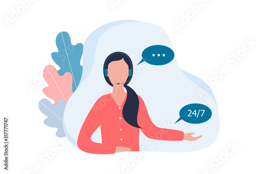 Female call center operator. A woman with a wireless headset answers questions from customers and users. Technical support, work 24/7. Vector flat illustration on a white background.