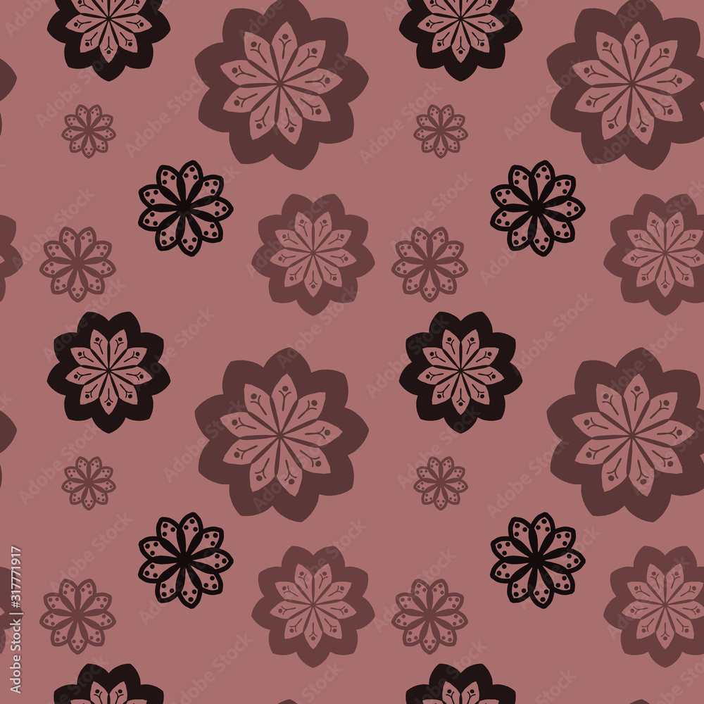 Seamless repeat pattern with black, brown and light brown flowers in on beige background. drawn fabric, gift wrap, wall art design, wrapping paper, background, fabric print, web page backdrop. Seamless repeat pattern with black, brown and light brown flowers in on beige background. drawn fabric, gift wrap, wall art design, wrapping paper, background, fabric print, web page backdrop.