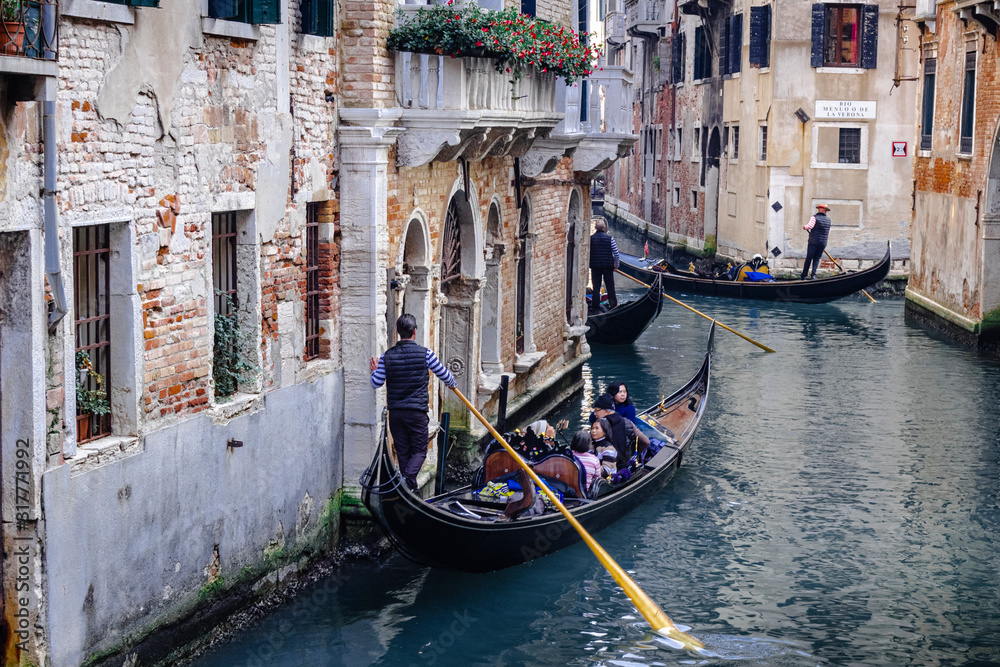 gondolas browse a canal in venice