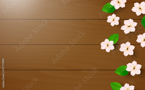 Realistic flower and green leaves on brown wood texture background. Vector design template for use element cover, banner, flyer, poster, advertising, text message