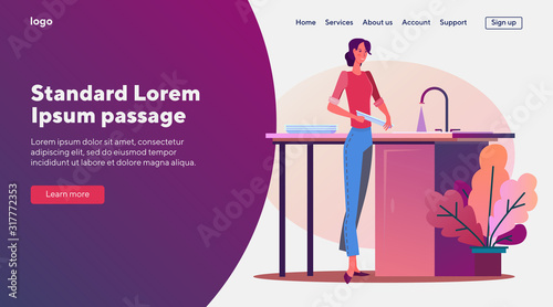 Woman washing dish. Housewife, kitchen, cleaning. Flat vector illustrations. Hygiene, housework, dishwashing concept for banner, website design or landing web page