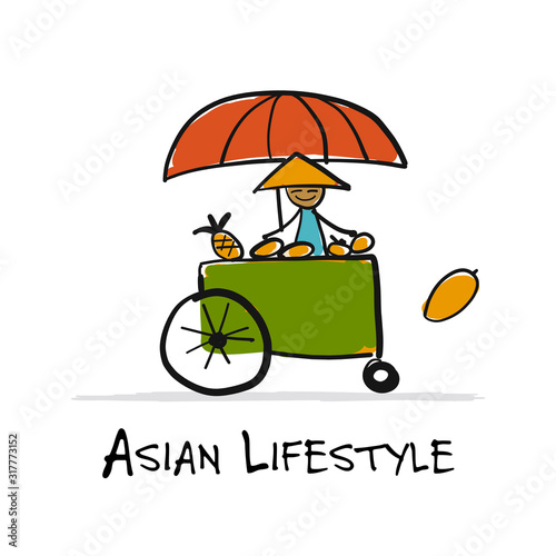 Asian retail seller on street market, sketch for your design