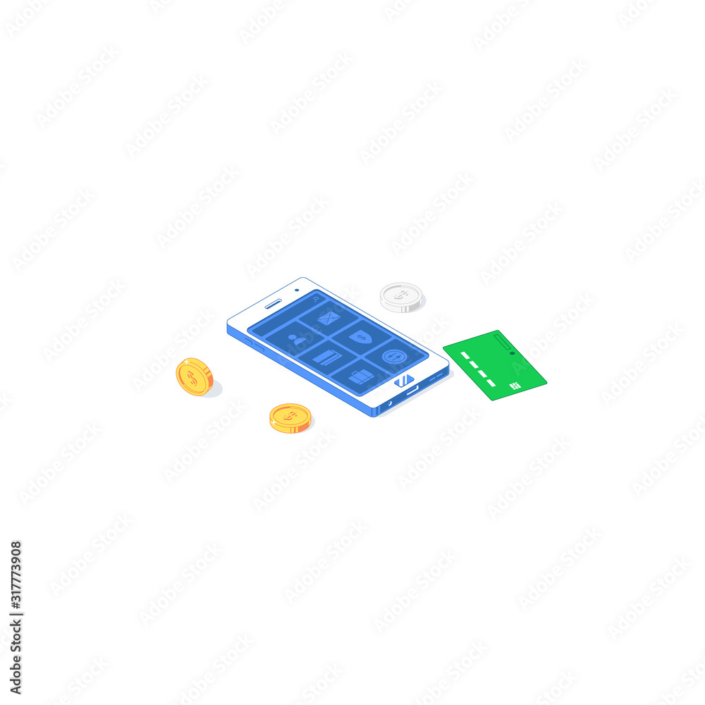 Isometric online payment mobile application. Vector illustration of banknotes, golden and silver coins with phone Isometric online payment mobile application. Vector illustration of banknotes, golden and silver coins with phone