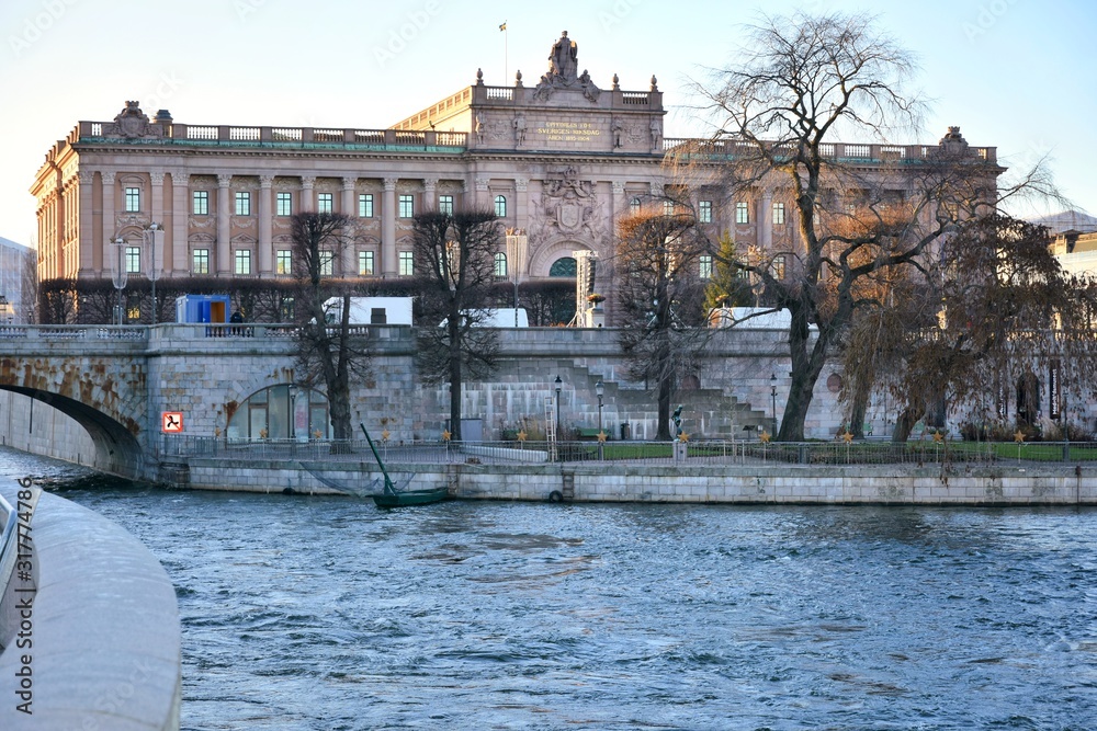 Stockholm, Sweden- January 2020.  View of the old town and harbor of Stockholm. Central streets of Stockholm.  The capital of Sweden. landmarks of Stockholm city. Scandinavia. North Europe 