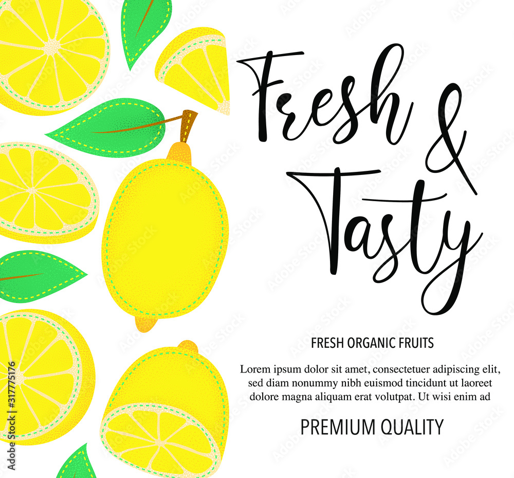 Vector background with lemon, whole and pieces. Vector stock illustration isolated on white background. Card design with fruits. Product information and lettering 