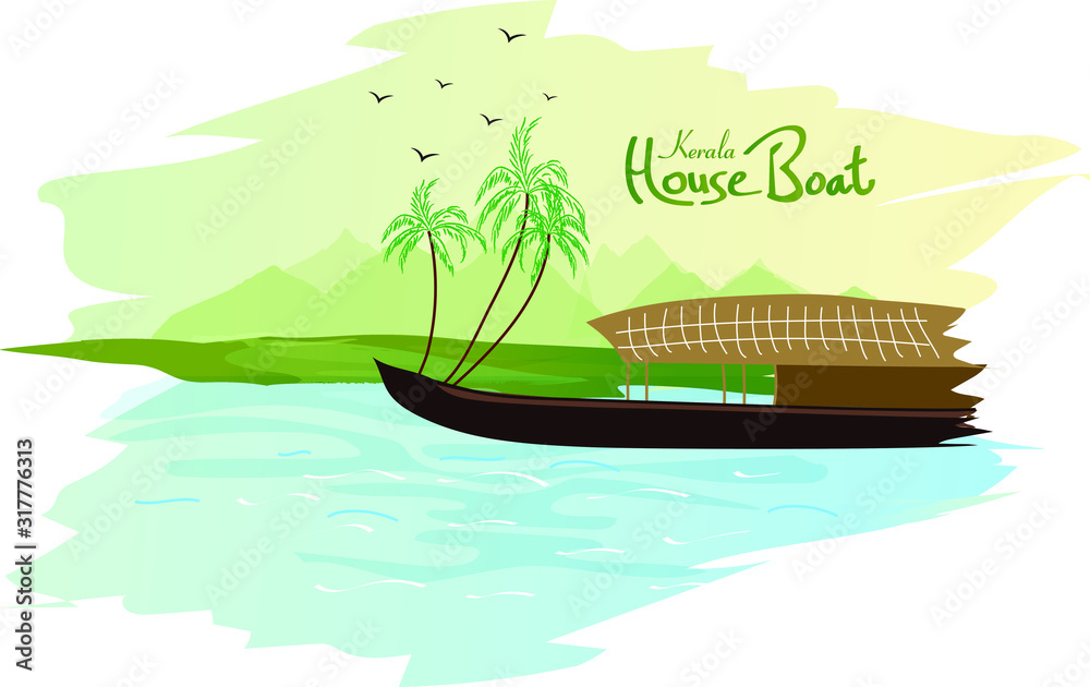 Kerala Nature Vector Design Beautiful House Boat and Nature Scenery  Background Famous Backwaters Drawing Stock Vector | Adobe Stock
