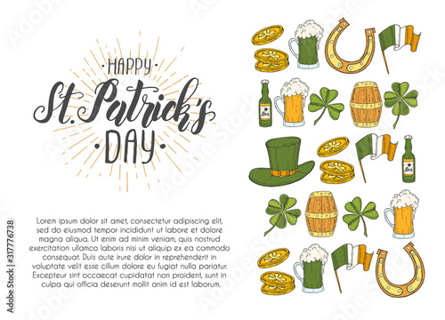 St Patrick's day poster with Hand drawn  St. Patrick's hat, horseshoe, beer, barrel, irish flag, four-leaf clover and gold coins. Lettering. Engraving illustrations