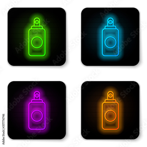 Glowing neon line Spray can for air freshener, hairspray, deodorant, antiperspirant icon isolated on white background. Black square button. Vector Illustration