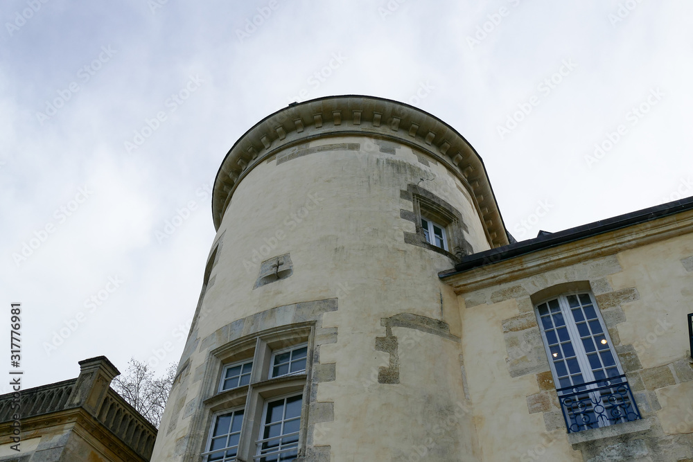 Closeup architectural details of ancient historic castle or chateau in France - round tower forms
