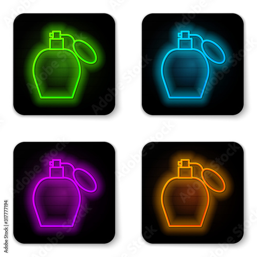 Glowing neon line Perfume icon isolated on white background. Black square button. Vector Illustration