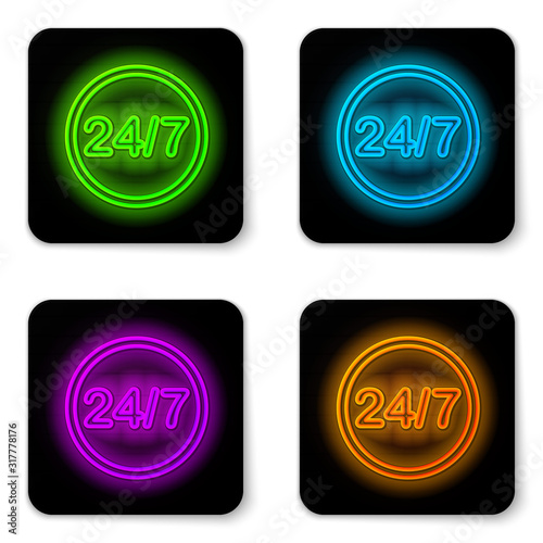 Glowing neon line Clock 24 hours icon isolated on white background. All day cyclic icon. 24 hours service symbol. Black square button. Vector Illustration