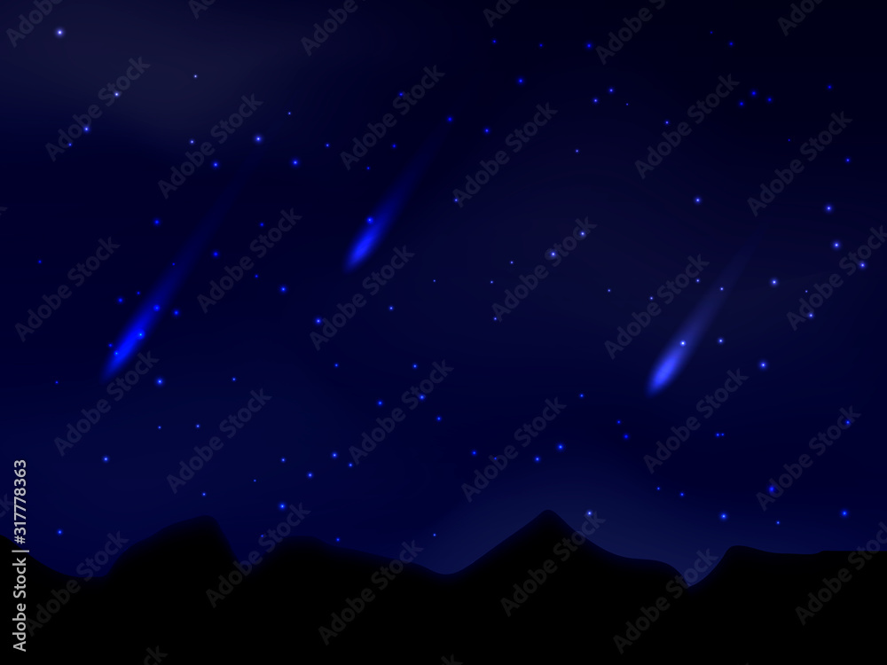Fototapeta premium Dark blue sky with clouds and starfall. Vector stock Illustration for poster or banner