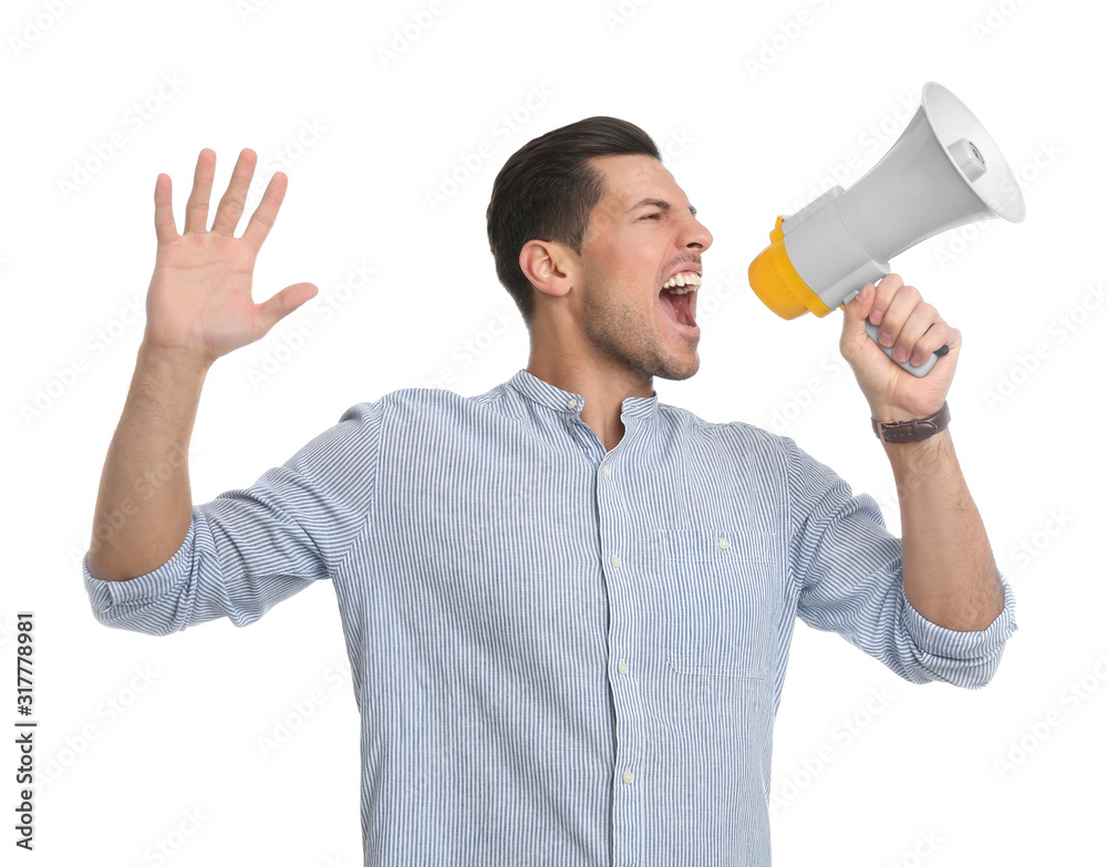 Handsome man with megaphone on white background Handsome man with megaphone on white background