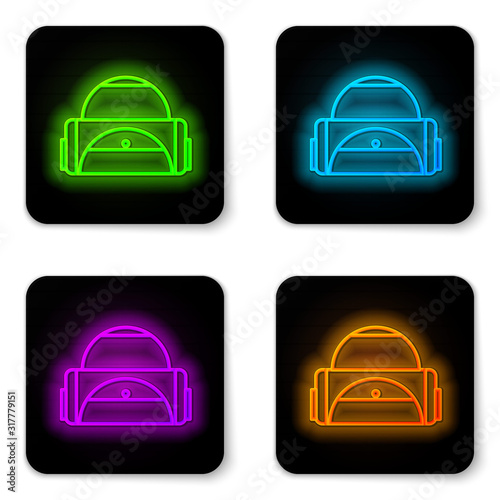 Glowing neon line Sport bag icon isolated on white background. Black square button. Vector Illustration