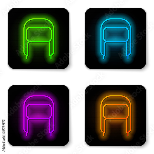 Glowing neon line Winter hat with ear flaps icon isolated on white background. Black square button. Vector Illustration