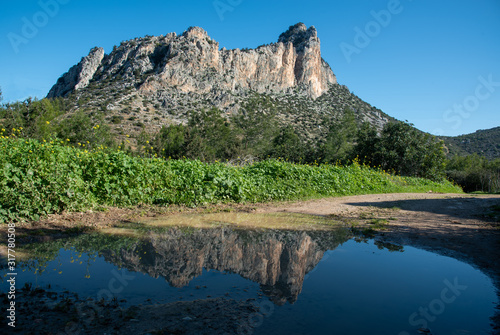 Rocky mountain peaks reflected on the water photo