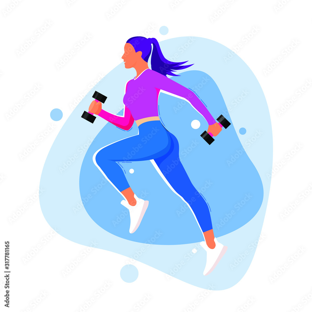 Sporty woman running with dumbbells. Flat vector illustration.