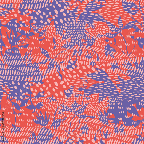 Mixed animal skin texture with flowers silhouettes. Geometric abstract elements lines, stripes, dots forming leopard, zebra fur ornament. Seamless pattern for textile and fabric.
